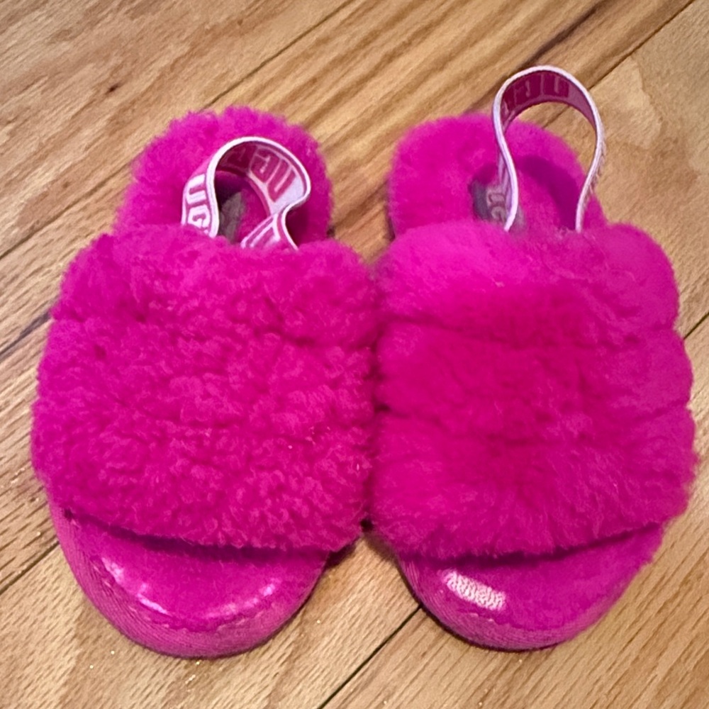 Fuzzy Pink Ugg Kids Slide Slippers